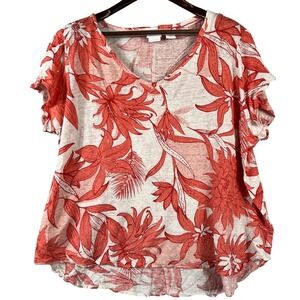 Halston Womens 3X 100% Linen Tropical Floral Cap Sleeve Coral Ivory Top Resort